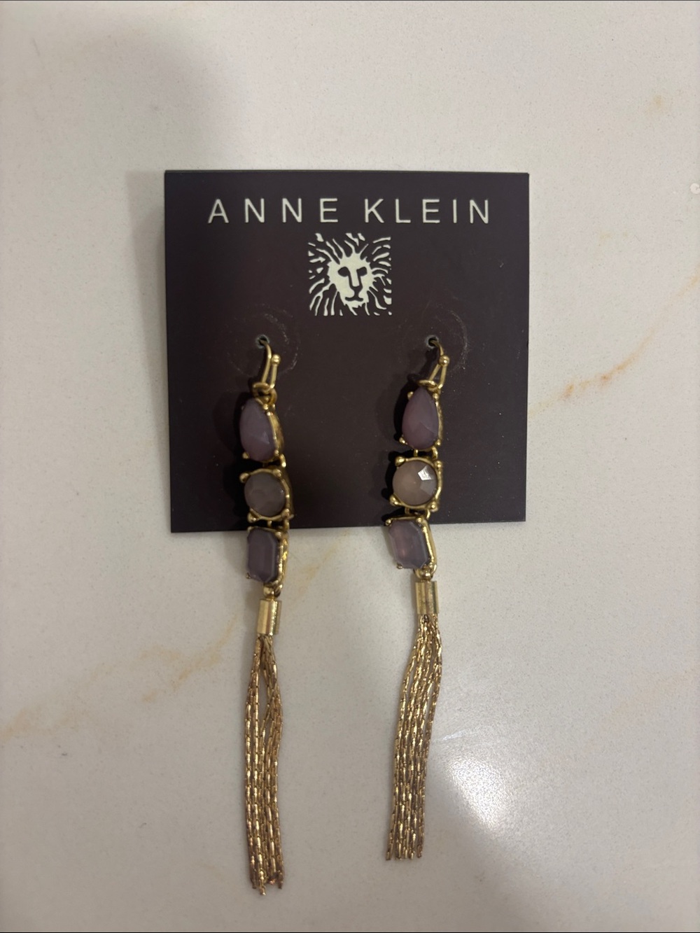 NWT Anne Klein Gold Tone Earrings with Lavender Stones and Chain Tassels